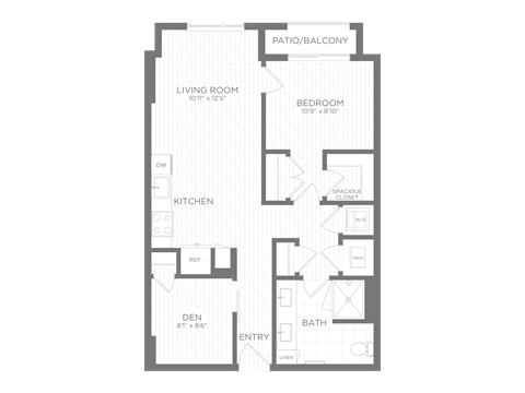 Floor plan for 1 bed, 1 bath, 713 sqft